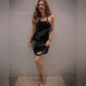 Black Crochet Knit Chain Cut Out Halter Little Black Dress